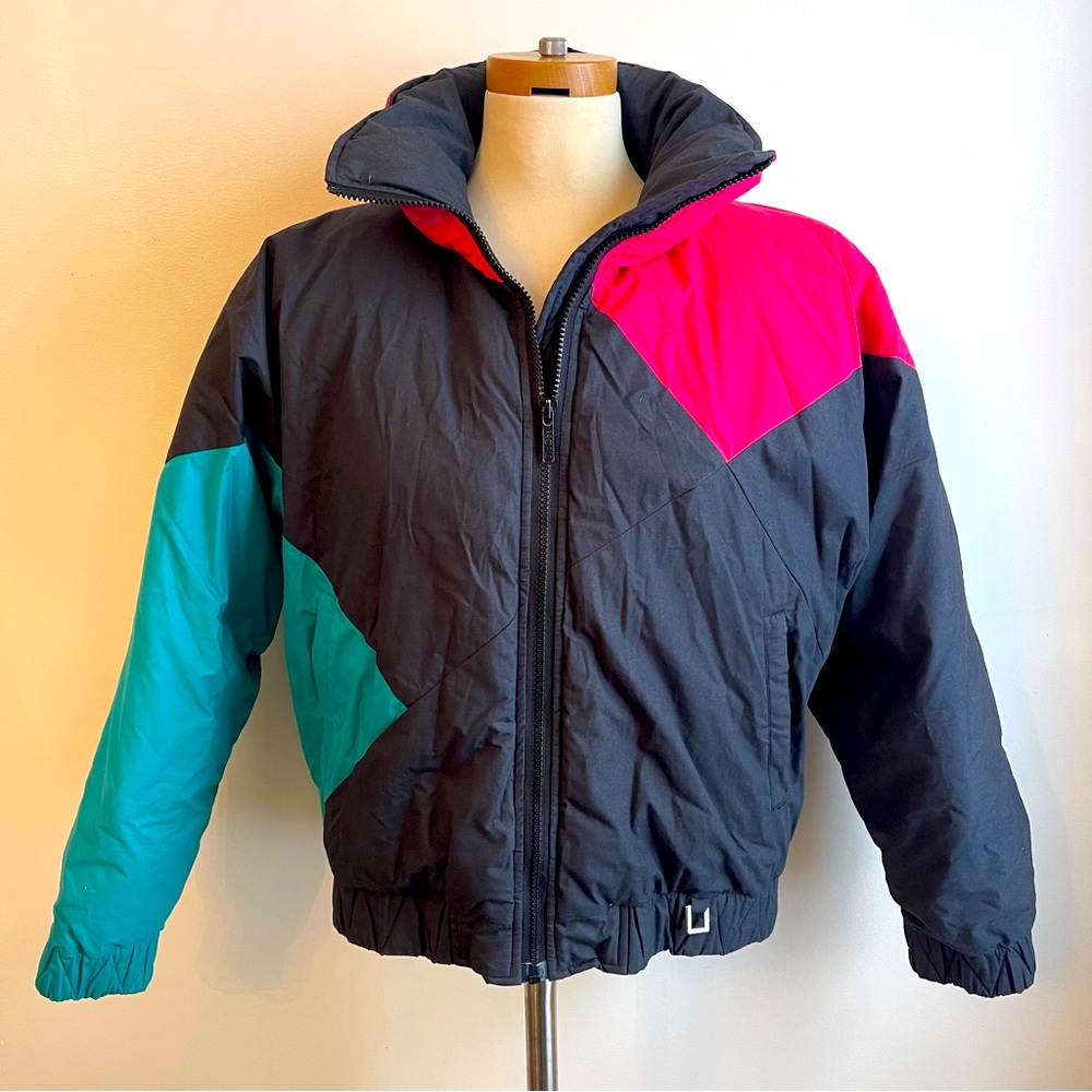 Vintage 80s 90s Profile Colorblock Goose Down Ski Jacket Medium Black Pink Aqua
